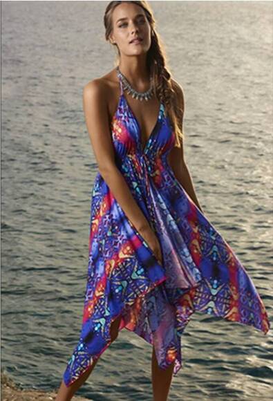 NWT PilyQ Tribal Fire Nori Dress Colorful Halter Neck Asymmetric Hem XS/S - Picture 1 of 11